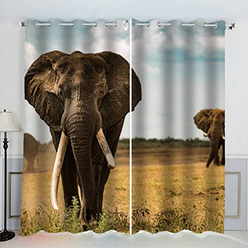 Gardine Vorhänge 2 Stück Afrika Tiere Elefanten Vorhang Schlafzimmer Geräuschreduzierung 3D Drucken Abdunklungsvorhänge 220 x 215 cm BxH