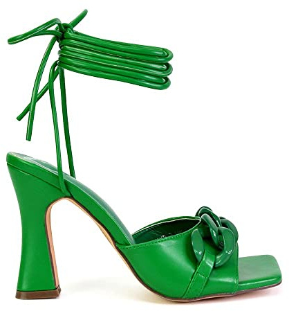 ESSEX GLAM Womens Lace Up Sandals Ladies Block Heel Square Toe Chain Strappy Shoes Size 3-8