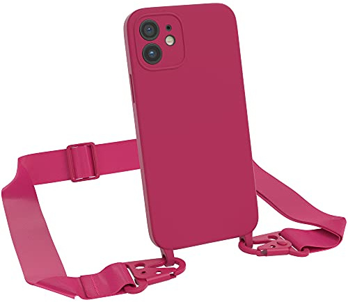 EAZY CASE Premium Silikon Handykette kompatibel mit iPhone 12 Handyhülle mit Umhängeband, Handykordel mit Schutzhülle, Silikonhülle, Hülle mit Band, Kette für Smartphone, Beere