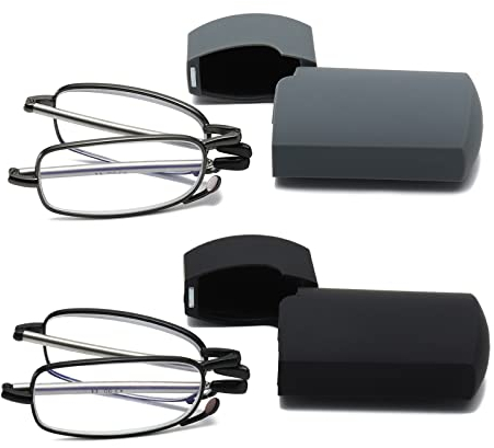 Hubeye 2 Paar Faltbare Lesebrille Mini Tragbare Lesehilfe aus Edelstahl mit Hartschalen-Etui Anti-Blau Sehhilfe für Herren und Damen 2.00