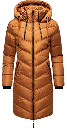 MARIKOO Damen Wintermantel Warmer Steppmantel lang mit Verstellbarer Kapuze Armasa Rusty Cinnamon Gr. XS