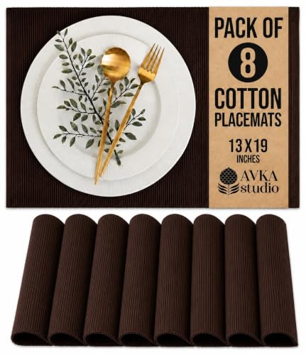 AVKA Studio Platzsets aus 100% Baumwolle, gerippt, 8er-Set, 33 x 48 cm, braun, für den Alltag, Erntedankfest, Herbst, Dicke Konstruktion, waschbar, wiederverwendbar, Stoff-Tischsets