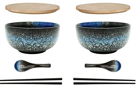 Ramen Schüssel Keramik 2 Set (8 Stück) mit Löffel Essstäbchen,1100 ML Großer Suppenschüssel,Salatschüsseln Für Suppe, Pho und Sushi Bowl (Blaue Schale 2 Set)