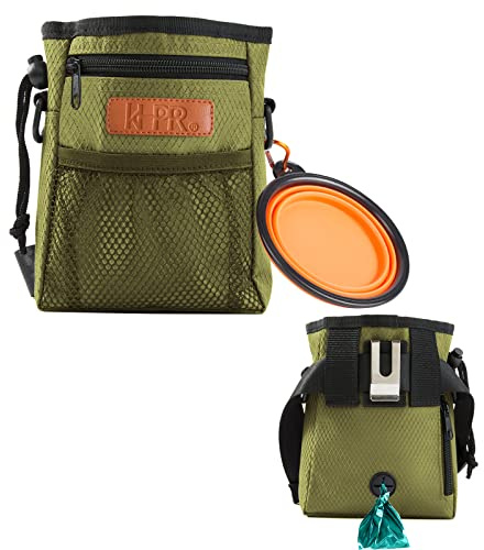 KHPR Dog Treat Training Pouch Easily Carries Pet Toys Kibble, Treats Built-in Poop Bag Dispenser 3 Ways to Wear Comes with a Foldable Silicone Bowl(Army Green)