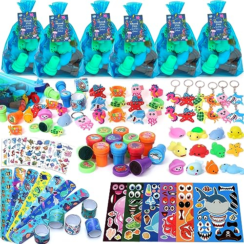 116Pcs Ozean kindergeburtstag Meerestier Partygeschenkset Ringe Schlüsselanhänger Armbänder Stempel Aufkleber Geschenktüten Unter dem Meer Spielzeug Unterwasser Give Aways für Kinder Party Mitgebsel