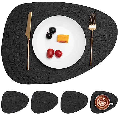 Myir JUN Tischsets Leder und Untersetzer, Tischsets Abwaschbar Rund Doppelseitigen rutschfest Platzdeckchen Leder Kunstleder Tischset Lederoptik Platzset (Schwarz, Satz von 4)
