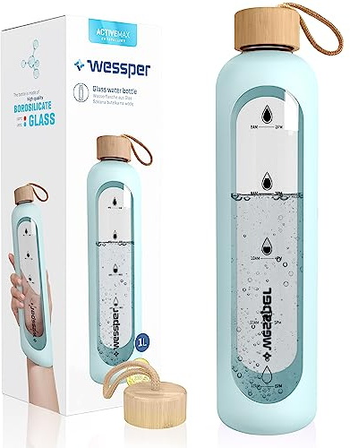 Wessper Bouteille d’eau 1L de Motivation en verre avec temps horaire, Sans BPA, Gourde en verre hermétique 1000 ml avec couvercle en bambou réutilisable avec housse en silicone - Bleu clair