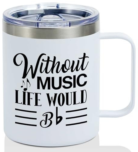 Onebttl Music Lover Gifts For Men, Male, Him - Without Music Life Would B Flat - 12 oz /350 ml Insulated Mugs with Lid - Musician Gifts, Musical Lovers Gift - (White)