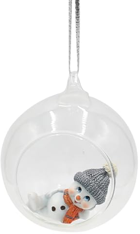 Dekohelden24 Glaskugel mit Anhänger - Schneekind - Schneemann mit Mütze und Schal in grau und orange, L/B/H 8 x 7 x 8,5 cm