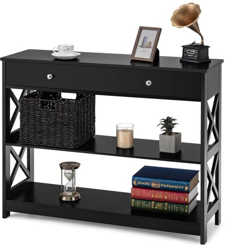 SOARS Console Meuble 100 X 30 X 80 CM, Table Console Étroite à 3 Niveaux avec Grand Tiroir pour Clés, Montres et Bijoux, Charge Max 40 KG, pour Entrée, Salon, Couloir, Chambre, Noir