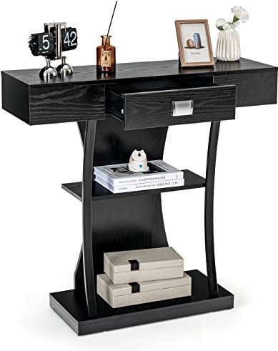 GOPLUS Table de Console Industirelle à 3 Niveaux, Table d’Entrée avec Tiroir & Dispositif Anti-Basculement, pour Entrée, Chambre, Salon, Couloir, 91X30X88 CM (Noir)