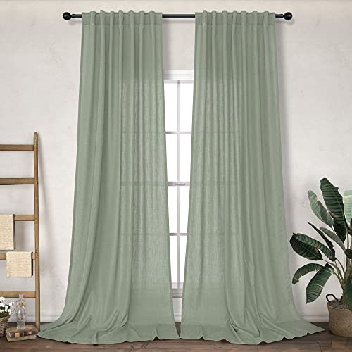 Salbeigrün Vorhang 274 cm lang 2 Paneele Set Rückseite Schlaufenstange Tasche Leinen Vorhang für Wohnzimmer Bohemian Earthy Coastal Beach Themed Lichtfilter Licht Salbei Boho Vorhänge für großes