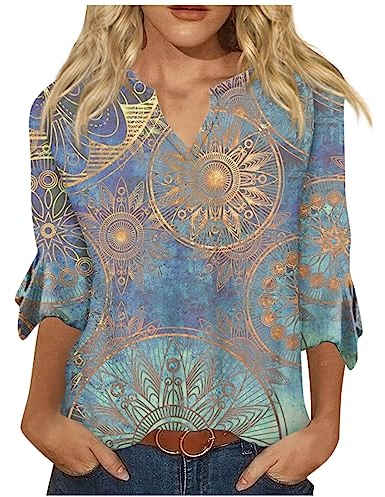 RMBLYfeiye Sport Oberteile Damen Yoga Shirt Damen Damen Bluse Elegant Blumen Bedruckt Trompetenärmel T Shirt V Ausschnitt Sommer Bluse Frauen Basic Shirt Musselin Bluse Hemd Weiß (Hellblau, XXL)