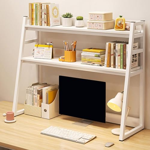 Tischregal Schreibtisch Aufsatzregal Doppelschicht Dicker Stahlrahmen und Holzplattenmaterial, Stabil und Tragfähig für Büro, Küche, Heimdekoration (Color : White, Size : 75 * 32 * 90cm)