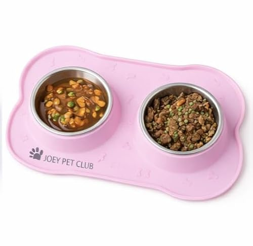 JOEY PET CLUB 2 Ciotole In Acciaio Inox Con Vassoio Integrato In Silicone Ideale Per Gatti e Cani Di Piccola Taglia, Antigoccia, Antiscivolo, Impermeabile, Raccogli Crocchette Removibile e Lavabile