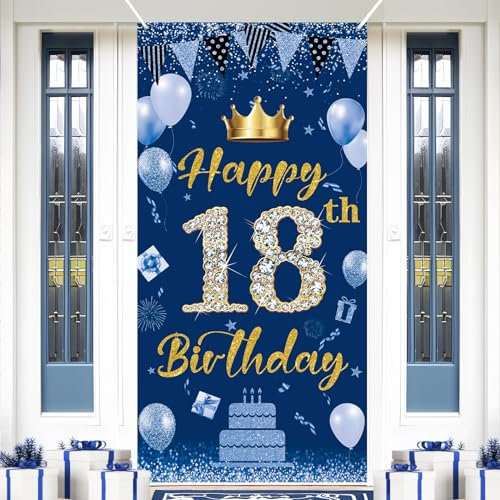 POPOYU Happy 18th Birthday Door Banner,Navy Blue 18th Birthday Backdrop Banner for Girls Boys,Large Fabric Photo Booth Backdrop Background for Him Her 18 Years Old Birthday Party Wall Door Decoration