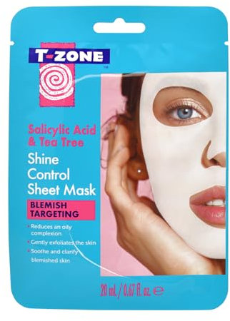 T-Zone Salicylic Acid & Tea Tree Shine Control Sheet Mask - Antibacterial Tea Tree and Exfoliating Salicylic Acid - Reduces Excess Oil, Promotes Clear Complexion, 20ml