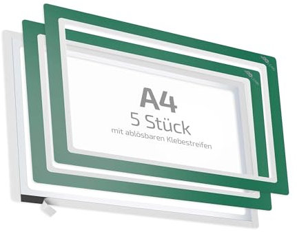 spLEAN 5 Stück Dokumentenhalter klebend mehrfach ablösbar DIN A4, Rahmen, grün, Aushang aus stabiler Vinyl-Hartfolie Stärke 0,70 mm, Made in Germany