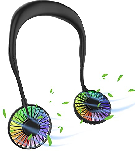 Ultralent Ventilateur de cou, ventilateur USB, silencieux, 3 vitesses, lumière LED, ventilateur portable pour l'extérieur, l'intérieur, le camping, les voyages, le sport noir
