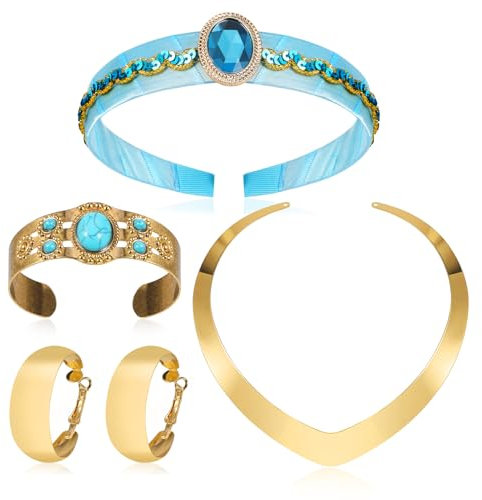 HOWAF Prinzessin Kostüm Damen Mädchen, Prinzessin Krone Haarschmuck, Halskette Gold Ohrringe Gold Armbänder Prinzessin Schmuck Set für Halloween Kostüm, Fasching Kostüm Karneval Kostüm Damen Mädchen