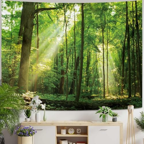 Skcess Wandteppich Wald 200X200 cm Wandbehang, Grün Wandteppich Natur Wandtuch Baum Sonnenaufgang Tapisserie Jungle Landschaft Wandtücher Wall Tapestry