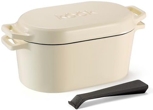 KooK Dutch Oven, Oven for Sourdough Bread Baking, with Lid, Dual Handles, Enameled Cast Iron, includes Lid Lever (Ivory)