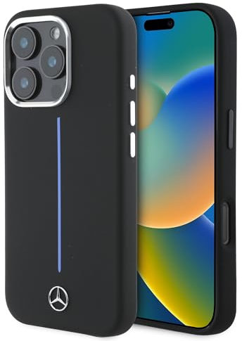 CG Mobile Mercedes-Benz HC-Handyhülle, entworfen für iPhone 16 Pro, langlebig, stoßfest, kompatibel mit Magsafe, Silikon mit blauen Streifen, Schwarz