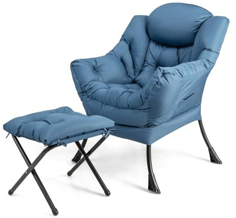 GOPLUS Fauteuil Salon, Chaise Paresseuse avec Repose-Pieds Ottoman Pliant, Pochette Latérale, Chaise Canapé de Loisirs, Style Scandinave, pour Salon, Chambre, Balcon,Charge 150KG+50KG (Bleu)