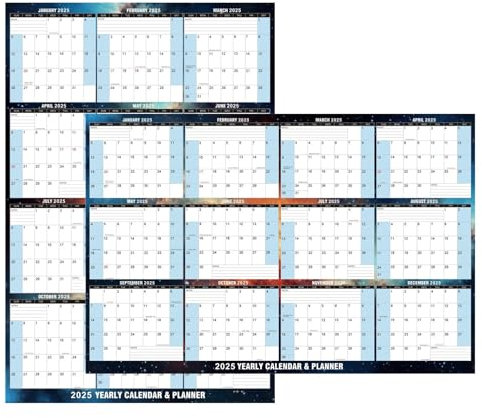 Trocken abwischbarer Tafel-Kalender, wendbar, nass oder trocken abwischbar, großes Planungstafel, blaues Sternennacht-Muster, laminiert, 12 Monate, Jahresplaner, Wandplaner für Familie und Freunde