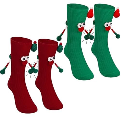 PWCTNT Weihnachtssocken, Lustige Socken, 2 Paar 3d Socken mit Spruch, Unisex Weihnachtssocken mit Magnetarmen, Lustige Hand In Hand Freundschaftssocken Weihnachten für Damen und Herren (Rot + Grün)