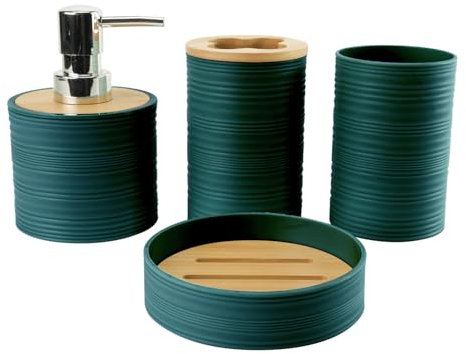 Hosoncovy 4 Pcs Bathroom Container Set Bathroom Accessory Set with Soap Dispenser, Bathroom Cup, Soap Dish ,Toothbrush and Toothpaste Holder (Dark Green)
