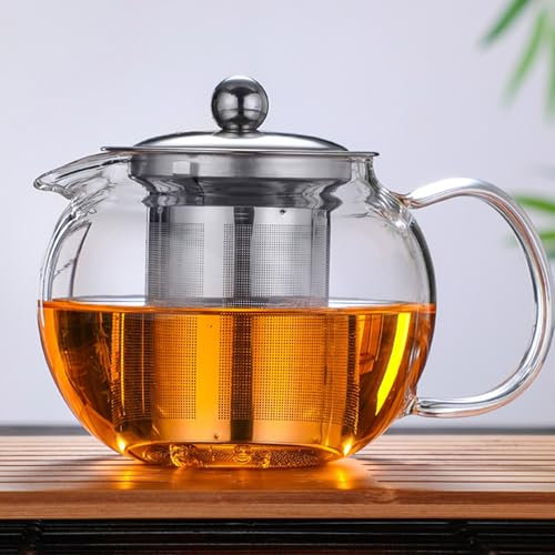 YUEMING Glass Teapot with Infuser, 600ML Borosilicate Glass Tea Pot with Tea Strainers for Loose Leaf Tea, Microwavable and Stovetop Safe,Removable 304 Stainless Steel Infuser