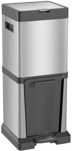 HOMCOM Dual Kitchen Bin, 20+14L Double Bin for Recycling and Waste, Stainless Steel Vertical Pedal Bin with Soft-Close Lid, Tilt Out Bin, Removable Inner Buckets and Handles, Silver Tone
