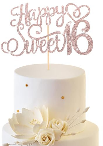 Glittery 16th Happy Birthday Cake Topper, Happy 16th Birthday Cake Toppers Birthdays Candles Sweet 16 Cakes Decorations for Celebrating 16ths Birthdays Anniversary Party Decoration, Rose Gold