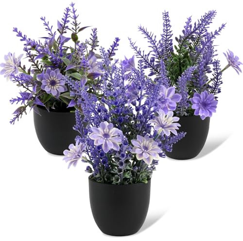 SWoob 3 Pack Lavender Plants Plastic Plant Pots Mini Artificial Plants Indoor Fake Plants Purple Flowers and Black Potted Plant for Bedroom Desk Office home Decor