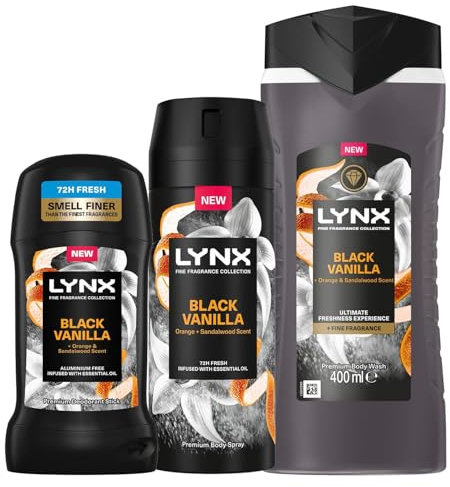 Lynx Fine Fragrance Collection of Black Vanilla Body Spray 150ml and Deodorant Stick 50ml with Body Wash 400ml Infused with a Vanilla, Orange and Sandalwood Scent for Long Lasting Freshness