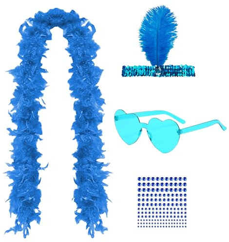 GWAWG Federboa Herz Randlose Sonnenbrille Gesicht Strass und Boa Haarband Basteln Flauschige Federboa Geeignet für weibliche Halloween, Weihnachten, Cosplay, blau, Einheitsgröße (Blue)