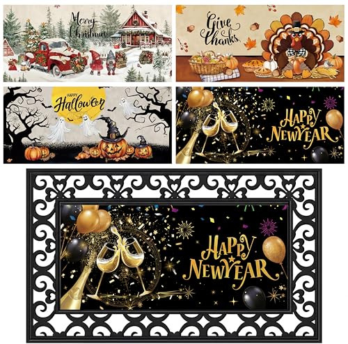 Tinideya 4 Pcs Interchangeable Door Mats Inserts Seasonal Welcome Doormat Non Slip Front Door Mats Indoor Outdoor Entrance Floor Decorations for Summer Autumn Winter, 22 x 10 Inches(No Frame)(Holiday)