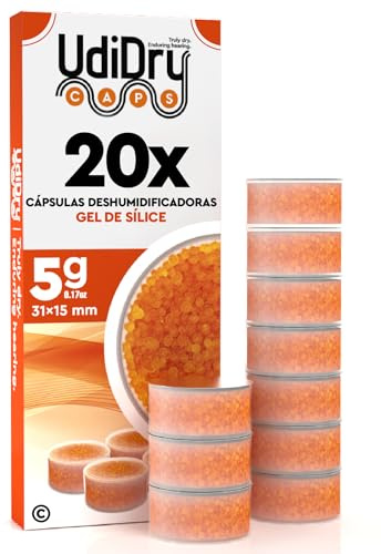 20 Capsule Essiccanti per Apparecchi Acustici UdiDry Caps 5g 31mm con Gel di Silice - Capsule Deumidificanti di Alta Qualità con Indicatore di Colore per Contenitori di Asciugatura