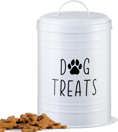 NIXBYO Contenitore per cani con coperchio ermetico, 2 pezzi – 9 x 5,5 e 7 x 4 in metallo, per casa di campagna, cucina, bancone, snack per cani (bianco singolo)