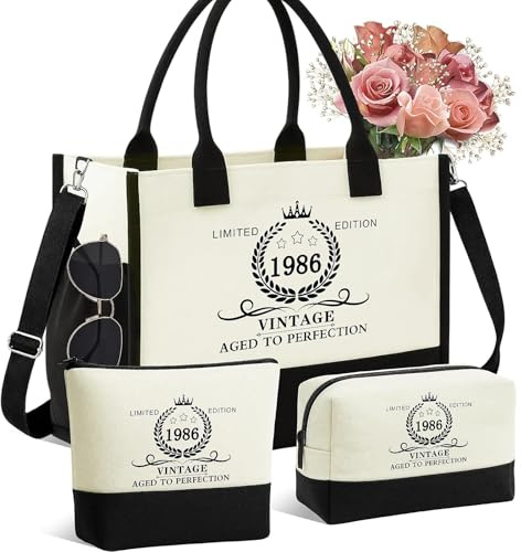 40. Geburtstag Geschenk Frau – 3 teiliges Vintage 1986 Canvas Taschen Einkaufstasche und Kosmetiktasche Set, Geburtstagsgeschenke für Frauen, Geschenk für Mum,Ehefrau,Freundin,Kollegin und Schwester
