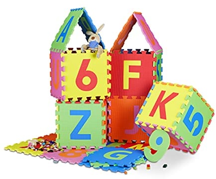 Relaxdays Spielmatte Puzzle 86 tlg, Puzzlematte Buchstaben u. Zahlen, EVA Schaumstoff Spielteppich BxT 180x180 cm, bunt