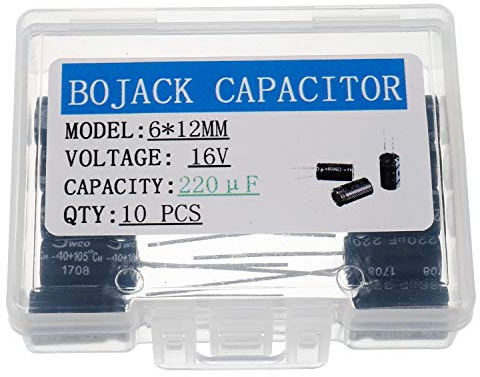 BOJACK 220uF 16V 6X12mm Capacitors 220 MFD 16 Volt 0.24x0.47 Inch ±20% Aluminum Electrolytic Capacitors(Pack of 10 Pcs)