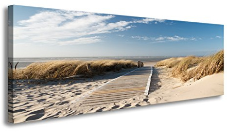picturado Leinwandbild Strand Meer Nordsee Ostsee Küste 120x40cm 5732 - Wandbild Set fertig aufgespannt auf echtem Holzrahmen - maritime Wanddekoration Wohnzimmer Schlafzimmer Büro Flur Küche Bar 5732