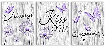 Kalormore Schlafzimmer Bild Dekoration Fancy Lila Pusteblume Schmetterling mit elegantem Always Kiss Me Goodnight Gemälde Rustikal Grau Holz Texturierte GicléeLeinwand Wand Kunst Dekor fertig zum