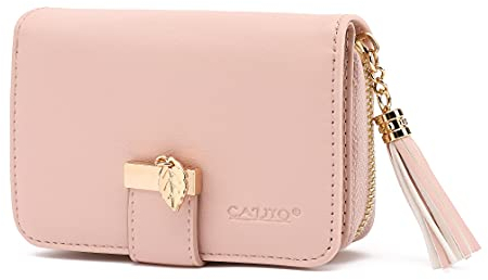 CALIYO Geldbeutel Damen aus glattem und weichem Synthetisches Leder, Geldbörse Damen klein und im Kurzformat, Portemonnaie mit Druckknopf und Reißverschluss und viele Fächer (Rose).