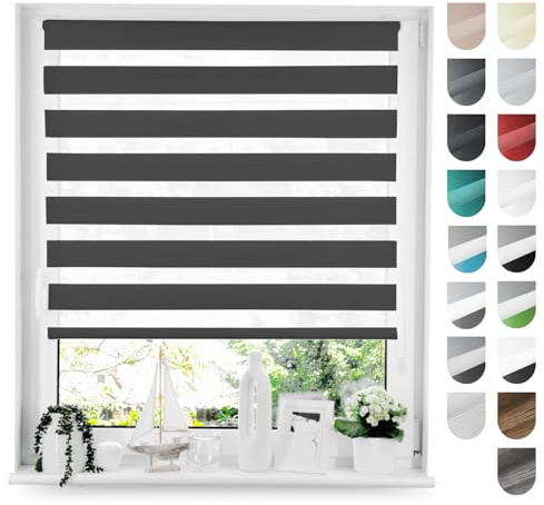 Tom'Shop Doppelrollo Klemmfix ohne Bohren Schwarz 55cm x 150cm | Duo Rollo mit Klemmträger Fensterrollo Seitenzugrollo für Lichtschutz Sichtschutz Sonnenschutz leichte Montage