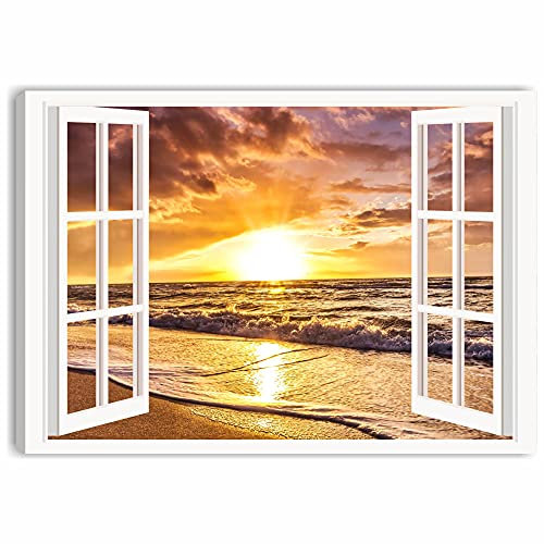 Quadri L&C ITALIA Quadro Tramonto Finestra 1 - Stampa su Tela con Mare 100 x 70 per Soggiorno Camera da Letto Cucina AUfficio Canvas da Parete con Paesaggio Marino