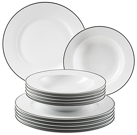 Mäser 931936 Serie Enna - Vajilla para 6 personas moderna, color blanco con borde negro, juego de 12 platos con plato llano y plato hondo - Vajilla redonda de porcelana