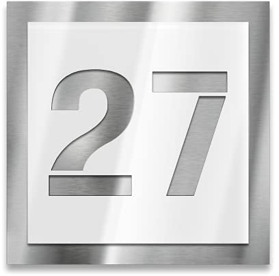 Metzler Hausnummernschild Edelstahl, individuelle Hausnummer in Weiß, Straßenschild mit Hausnummer, V2A-Edelstahl, kratzfest, robust, gebürstet, 3D-Effekt, Made in Germany, Größe: 38 x 38 cm